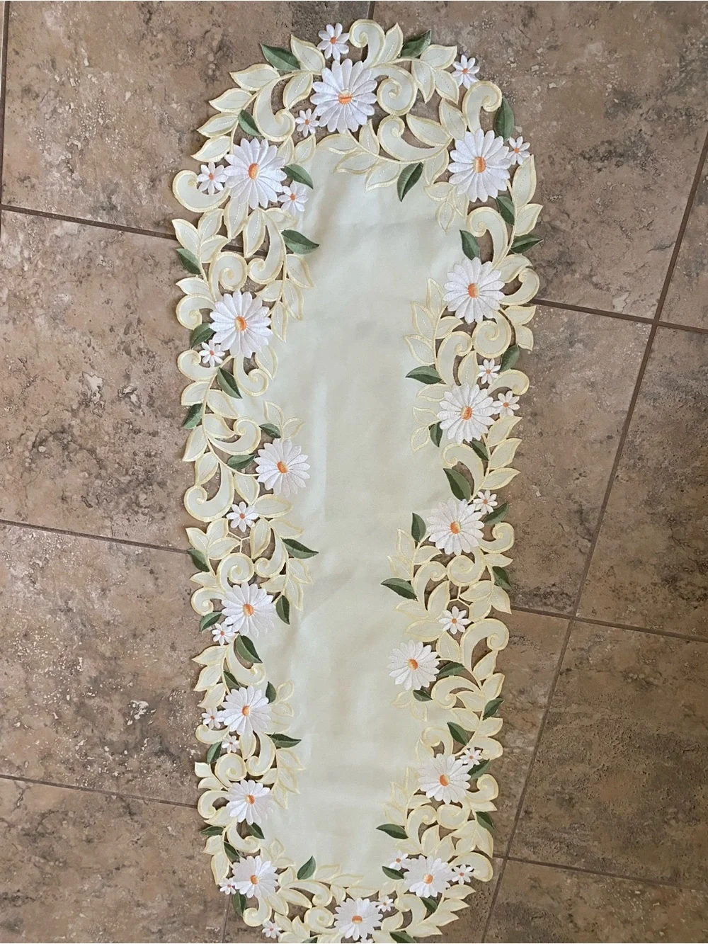 Yellow Embroidered Floral Cut Work Lace Center Cottagevore Table Runner 44x15